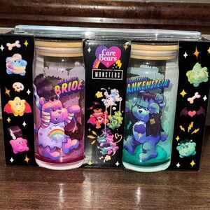 🥰 Set of Care Bears x Universal Monsters themed glass tumblers with bamboo lids
